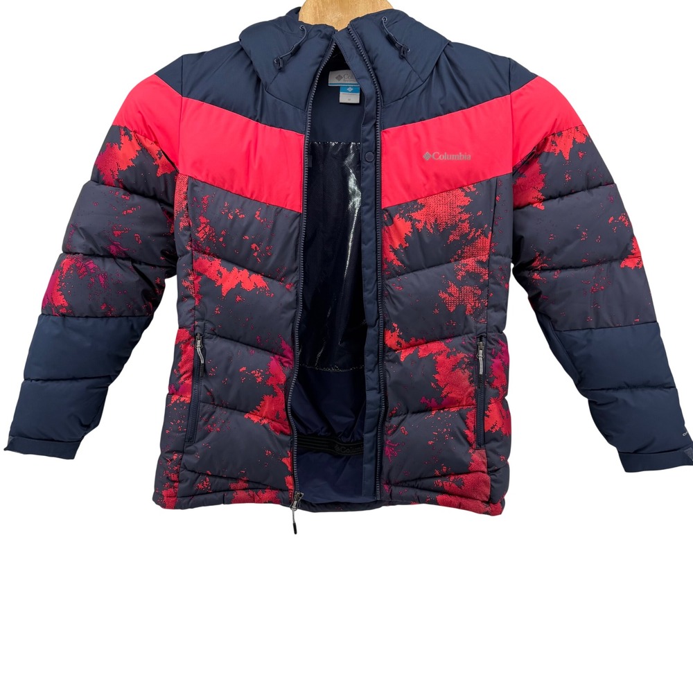 Columbia Omni Heat Puffer Jacket Women M Navy Pink Splatter Insulated Waterproof